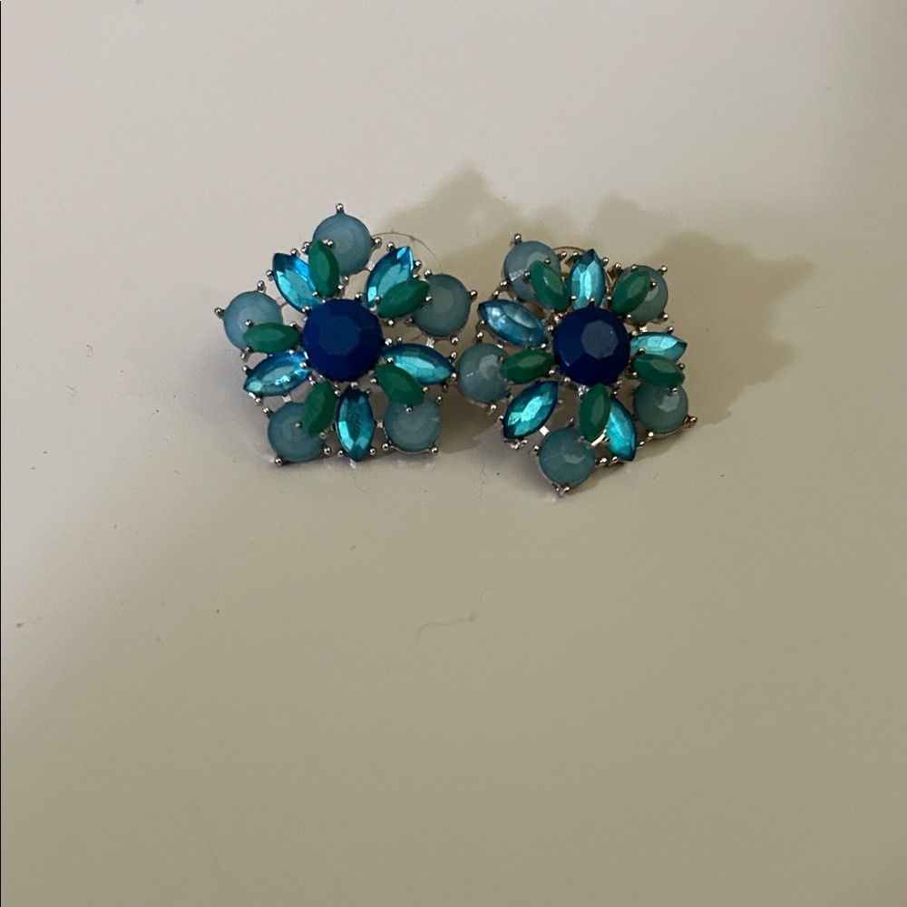 Blue & Teal Floral Crystal Stud Earrings - Women Jewelry